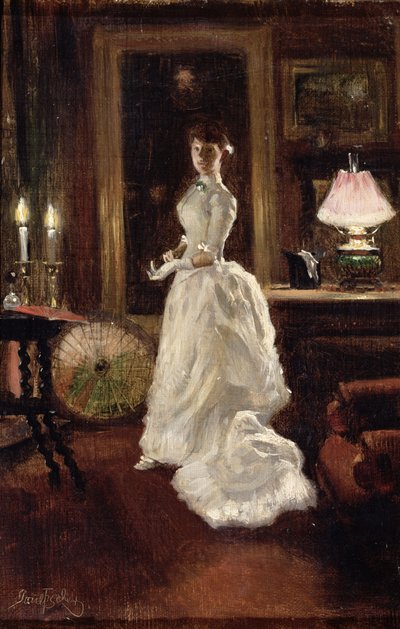 Interior scene with a lady in a white evening dress by Paul Fischer
